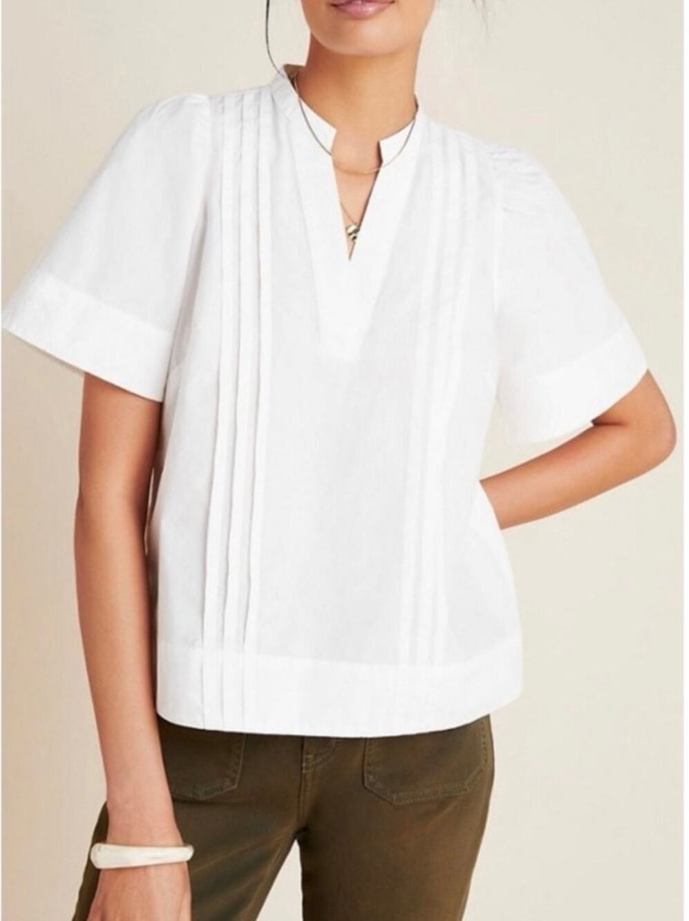 Anthropologie White Cotton Poplin Pintuck Puff Sleeve V-Neck Blouse size 14